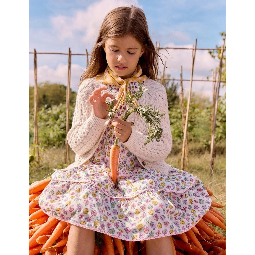 Mini Boden Girls Floral Smocked Tiered Lace Trim Dress White Pink 11-12Y NWT